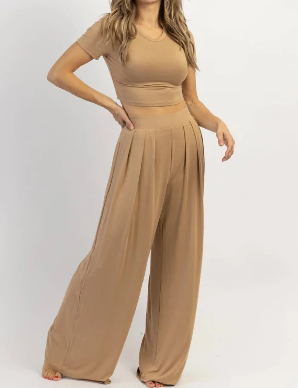 Women's Shimmer Pants-Butter Soft Palazzo Pants Top Set In Toffee