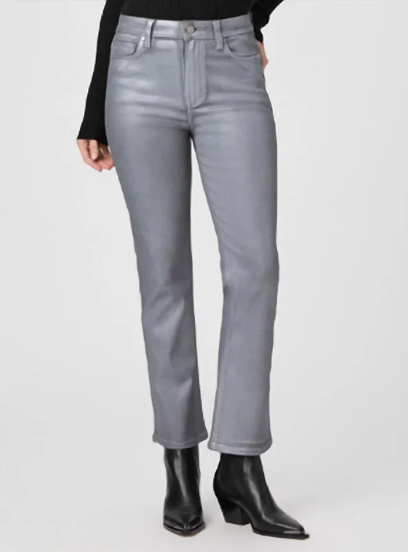 Women's Paperbag Waist Pants-Claudine Flare Jean In Silver Shimmer Luxe Coating