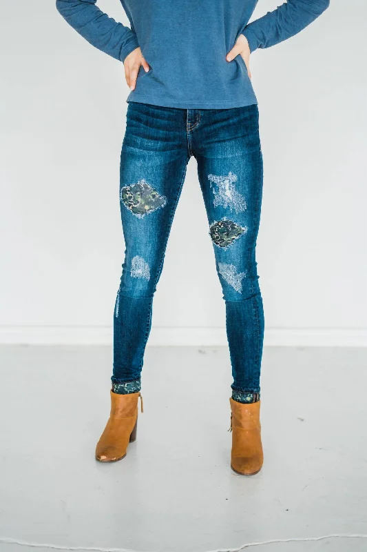 Women's Layered Pants-Double The Fun Patched Jeans In Dark Wash