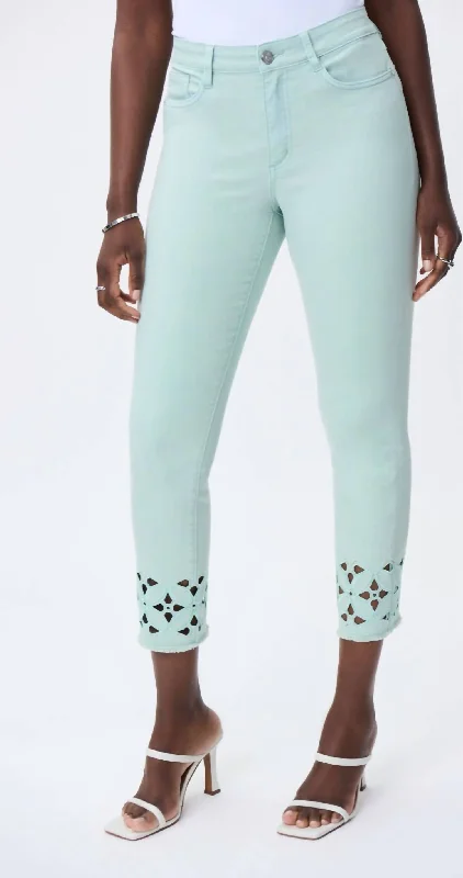 Women's Party Pants-Floral Cutout Pants In Mint Green