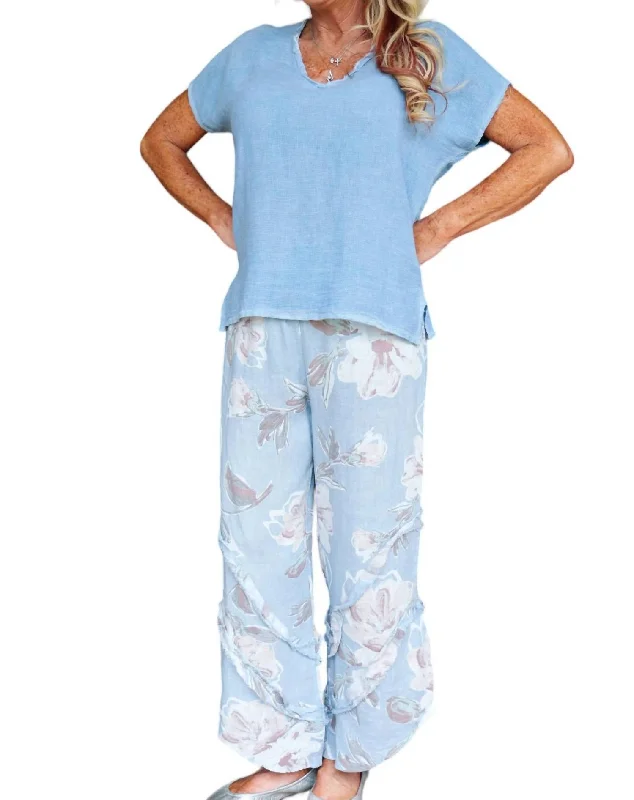 Women's Maxi Pants-Floral Linen Pants With Ruffle Detailed Leg In Dusty Blue