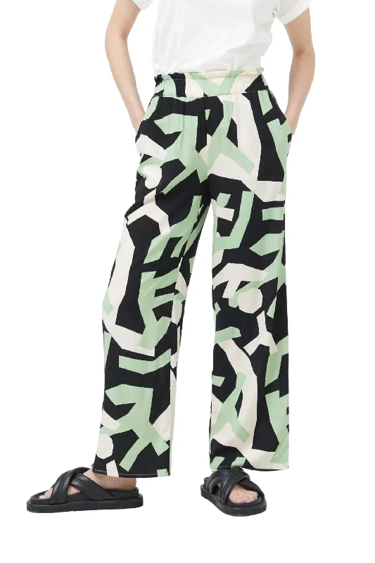 Women's Faux Leather Pants-Geo Print Trousers In Green