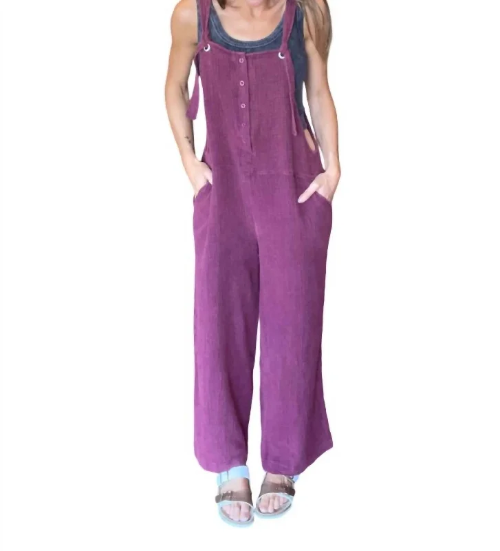 Women's Formal Pants-Henley Washed Overalls In Plum