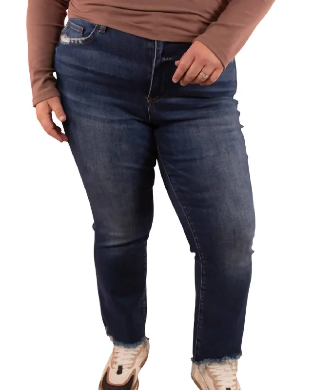 Women's Loose Fit Pants-High Rise Frayed Hem Flare Jean In Dark Wash