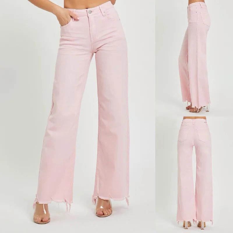 Women's Hem Detail Pants-High Rise Frayed Hem Jeans In Light Pink