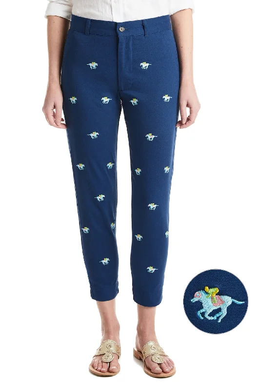 Women's Petite Pants-Ladies Ankle Capri Stretch Twill Nantucket Navy with Pastel Racing Horses