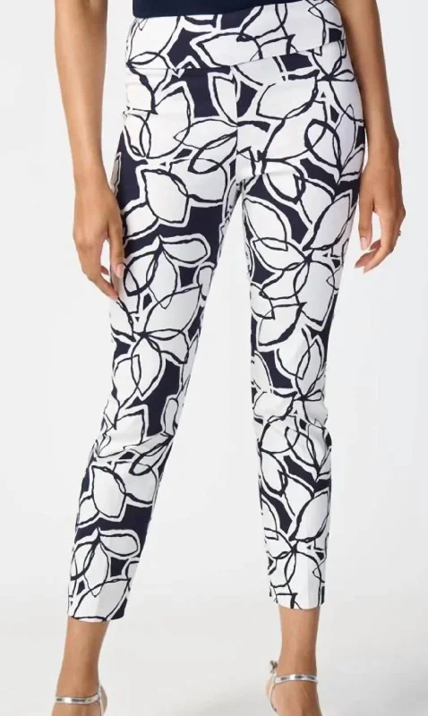 Women's Comfy Pants-Leaf Print Millennium Pull-On Pants In Midnight Blue Vanilla