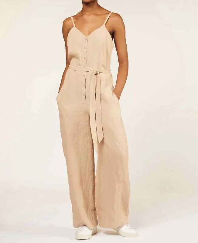 Women's Fleece Pants-Linen Overall In Beige