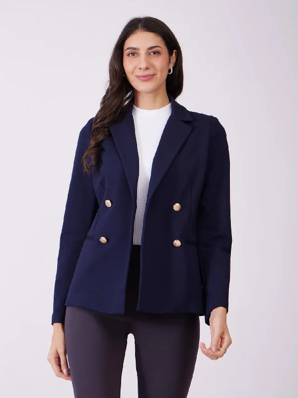 Women's Drawstring Pants-LivIn Double Breasted Blazer - Navy Blue