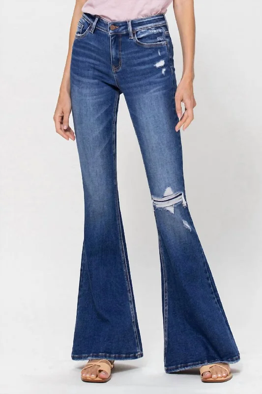 Women's Herringbone Pants-Phoenix Mid Rise Flare Jean In Blue