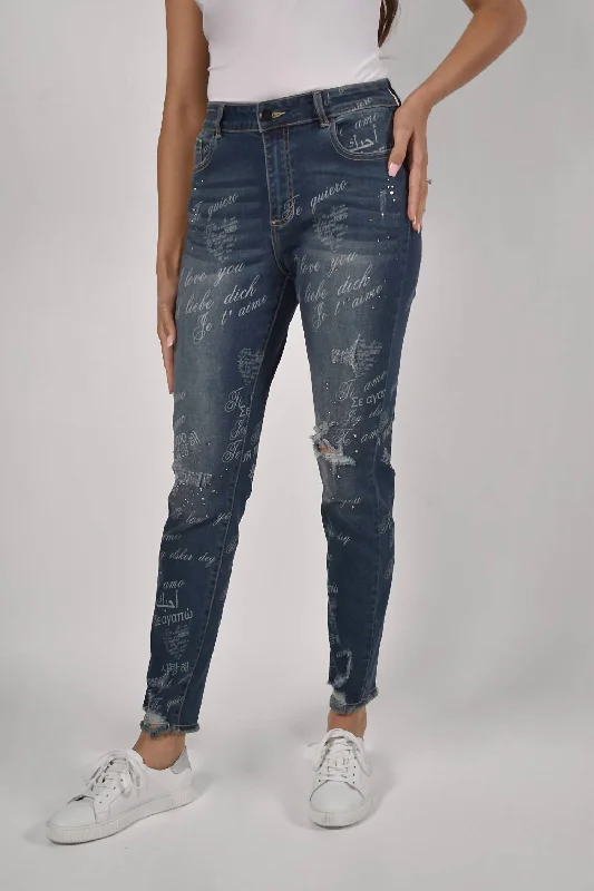 Women's Fold-Over Waist Pants-Print Jean In Denim