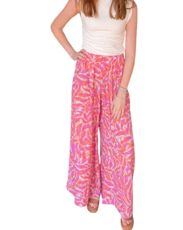 Women's Pleated Pants-Printed Wide Legged Pants In Pink