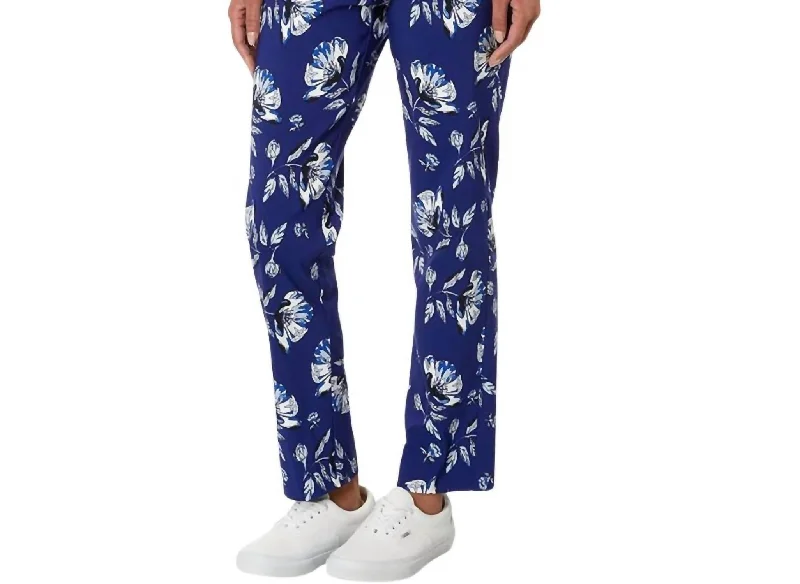 Women's High Rise Pants-Pull On Ankle Pant Print In Blue Flower