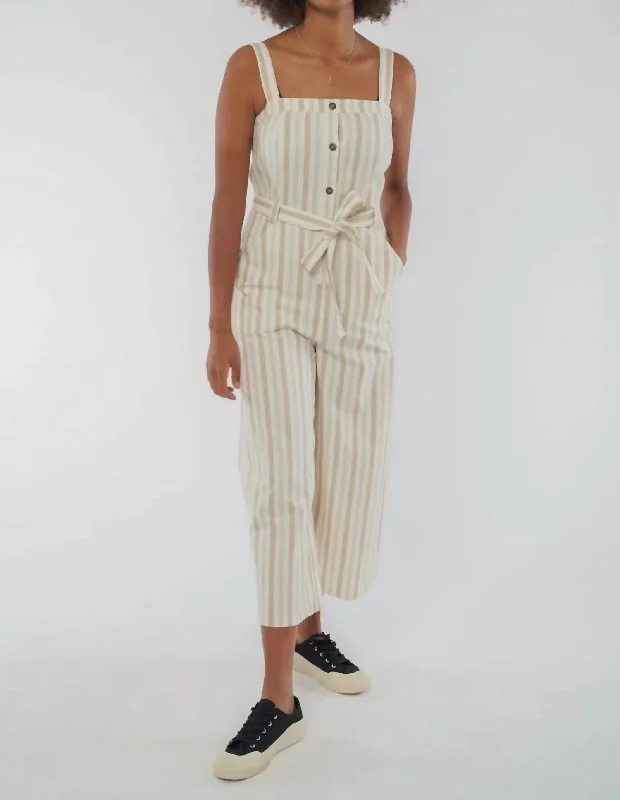 Women's Flared Leggings-Rena Striped Jumpsuit In Beige Striped