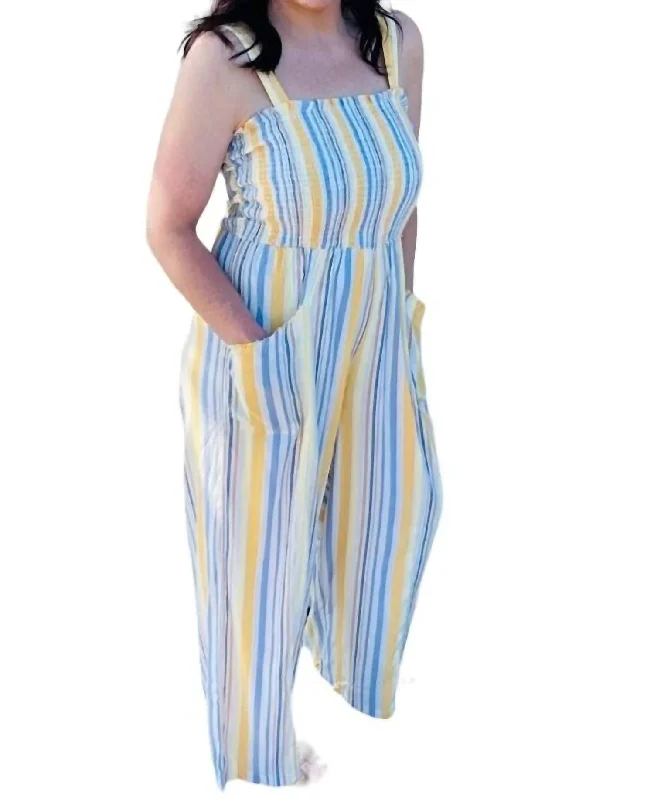 Women's Dark Wash Pants-Smocked Jumpsuit In Yellow And Blue Stripes