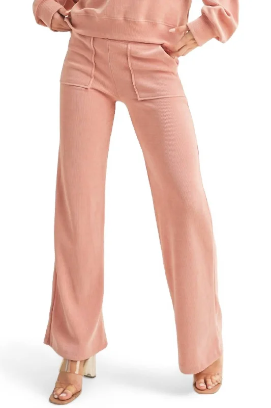 Women's Utility Pants-Wide Leg Ribbed Pants In Dusty Rose