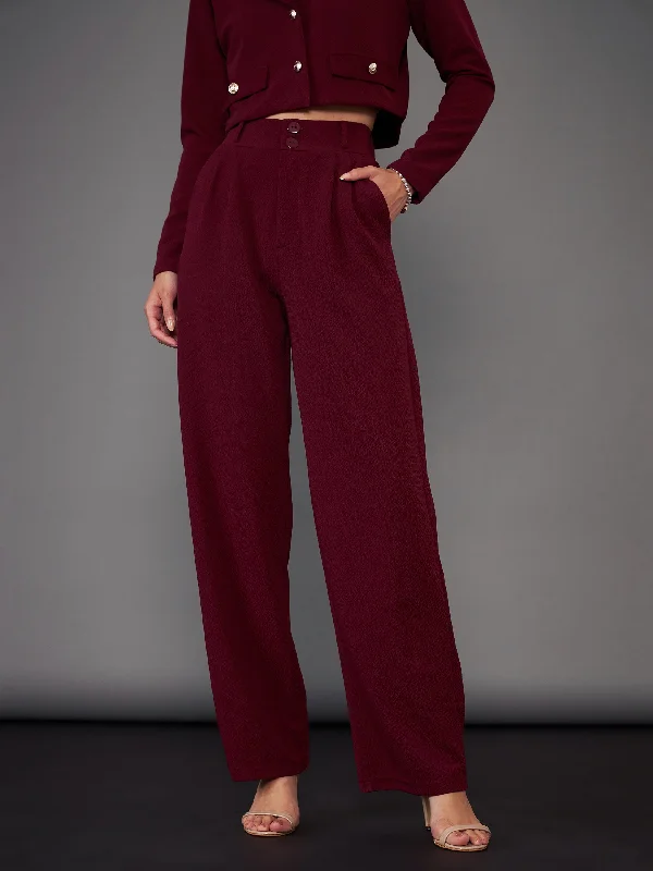 Women's Gradient Pants-Women Burgundy Pleated Straight Pants