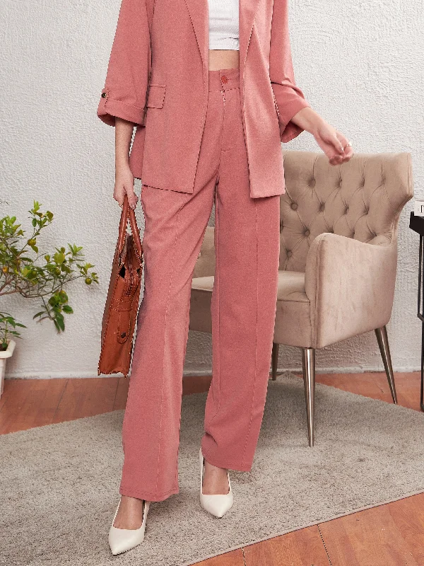 Women's Slit Hem Pants-Women Peach Front Darted Pants