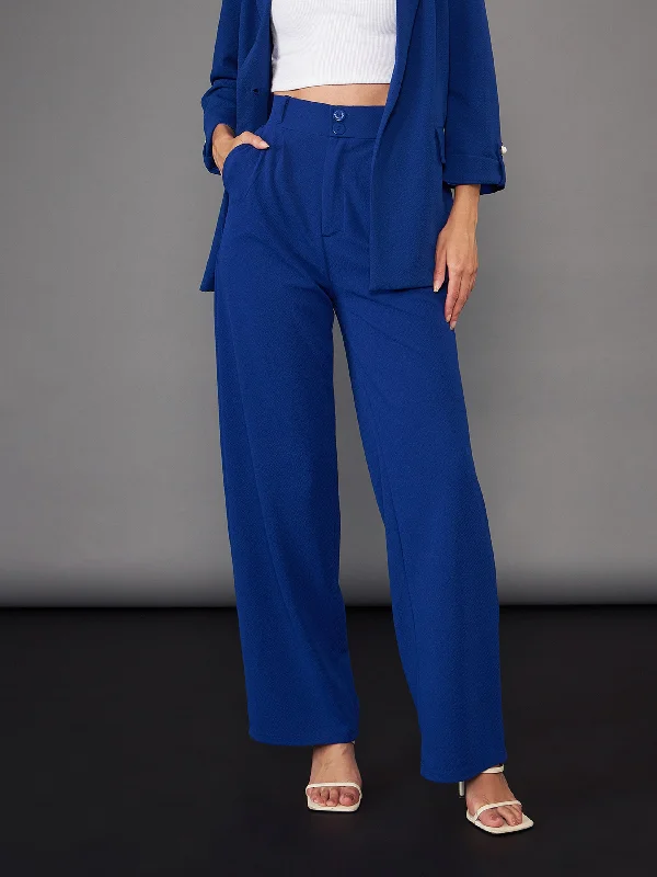 Women's High Rise Pants-Women Royal Blue Pleated Straight Pants