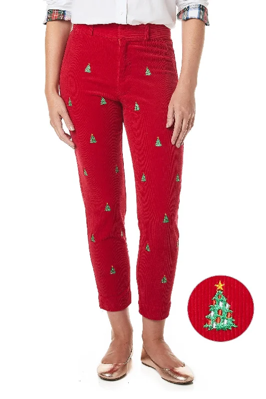 Women's Gaucho Pants-Beachcomber Stretch Corduroy Ankle Capri Crimson with Christmas Tree