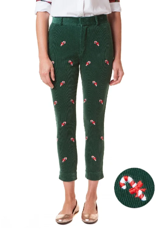 Women's Feminine Pants-Beachcomber Stretch Corduroy Ankle Capri Hunter with Candy Cane