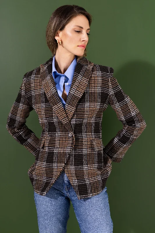 Women's Practical Blazers-Checked double-breasted suit blazer