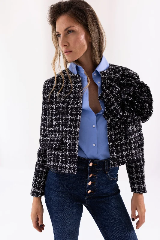 Women's Matching Set Blazers-Cropped checked blazer with flower detail