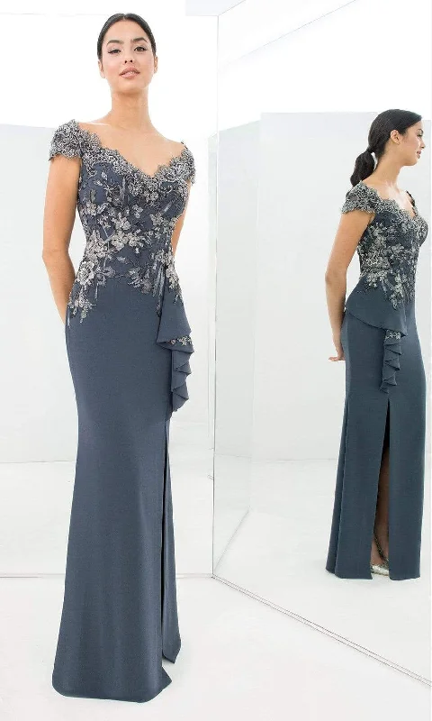 Women's Elegant Evening Dresses-Alexander by Daymor - 1392 Wide V Neck Floral Embroidered Gown