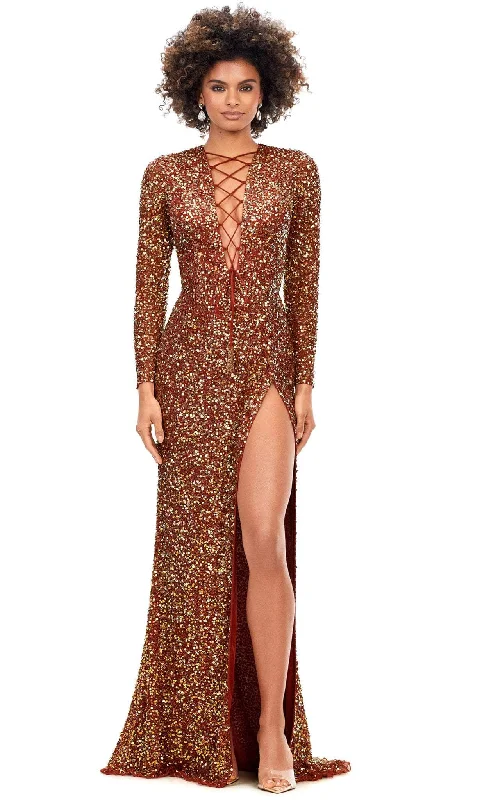 Women's Long Sleeve Evening Dresses-Ashley Lauren 11241 - Lace-Up Long Sleeve Evening Gown