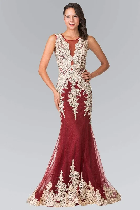 Women's Off-Shoulder Evening Gowns-Elizabeth K - GL1462 Ornate Lace Illusion Trumpet Gown