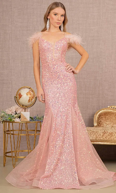 Women's Onyx Colored Evening Gowns-GLS by Gloria GL3130 - Feathered Glitter Prom Dress