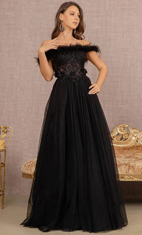 Women's Midi Evening Dresses-GLS by Gloria GL3138 - Feathered Off-Shoulder Evening Dress