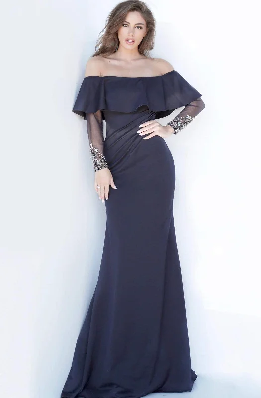 Women's Pleated Evening Gowns-Jovani - 1152 Off-Shoulder Long Sleeves Sheath Dress