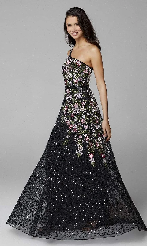 Women's Feather Evening Gowns-Primavera Couture - 3736 Fabulous Floral Sequined Pattern One Shoulder Ball Gown