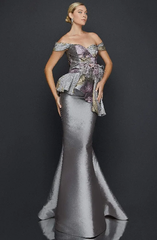 Women's Embellished Evening Gowns-Terani Couture - 2011E2425 Floral Print Off-Shoulder Mermaid Dress